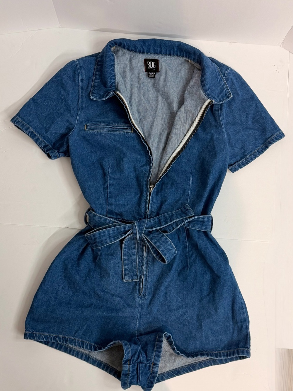 BDG Blue Short-Sleeve Denim Romper with Tie Waist